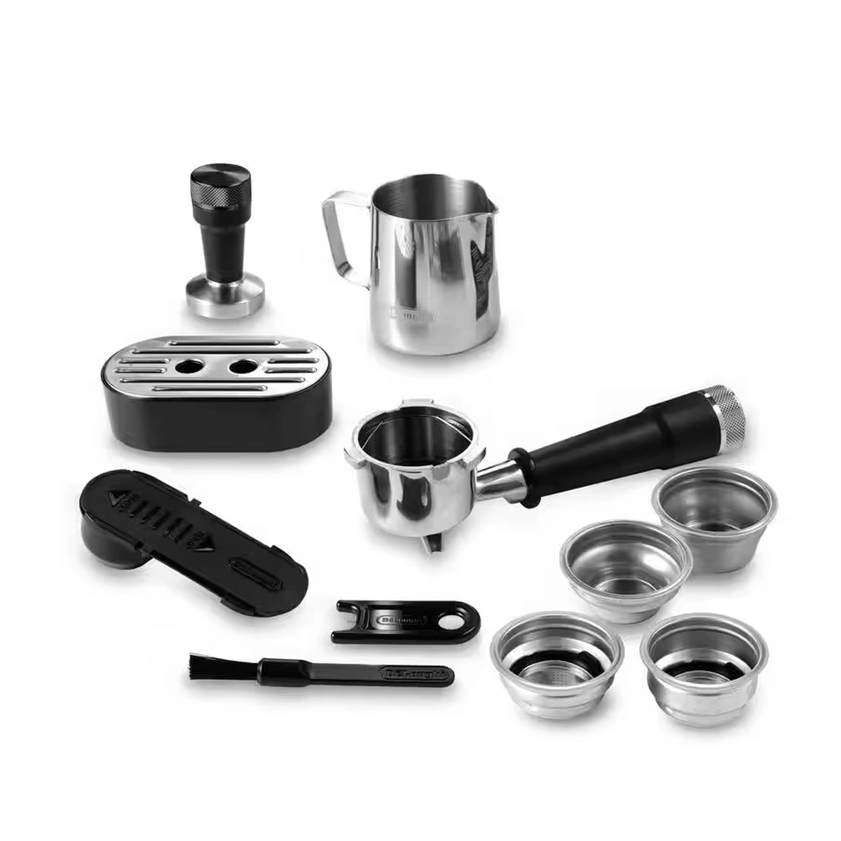 Espresso machine accessories with stainless steam wand, cups, and black portafilter tools