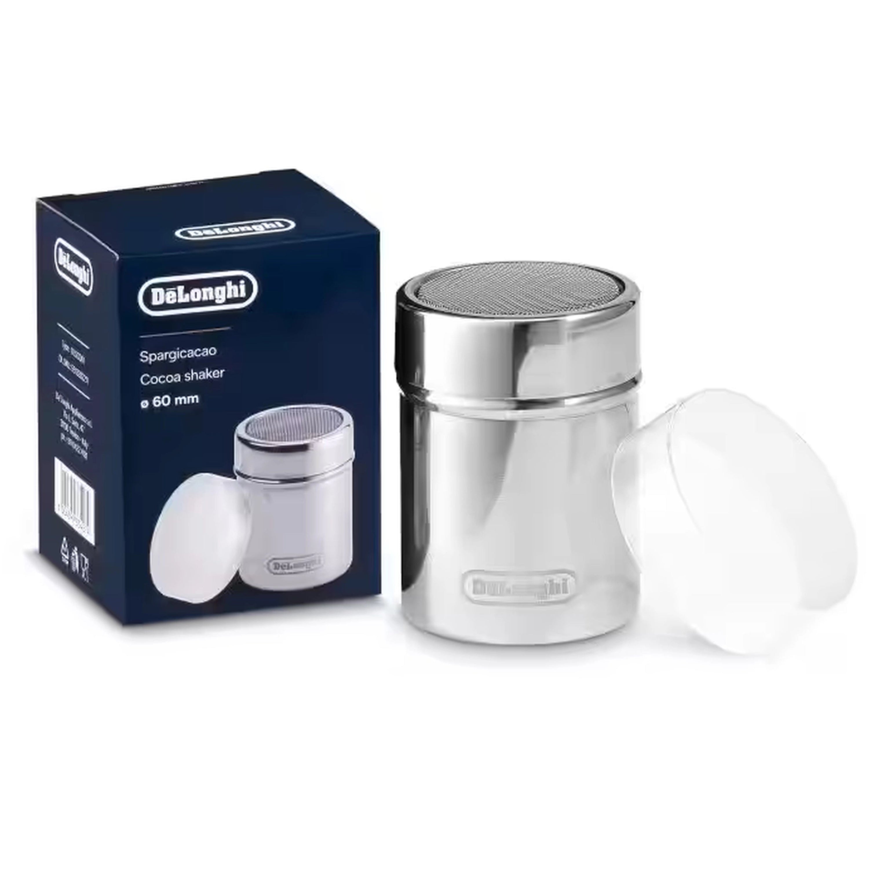Stainless steel cocoa shaker with mesh top and removable lid, De'Longhi