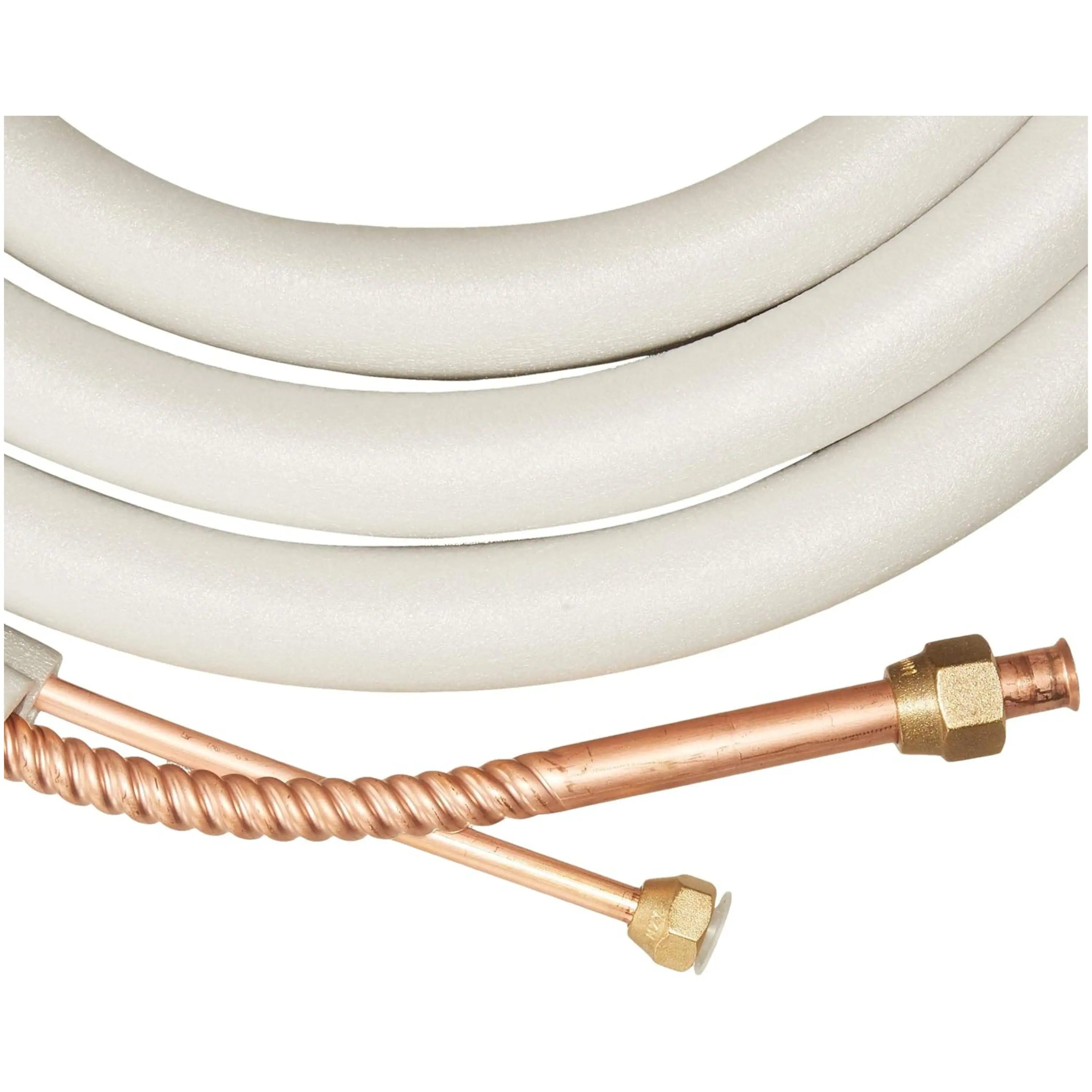 Close-up of light gray insulated tubing with copper lines and brass flare fittings