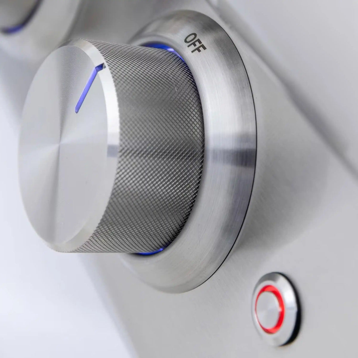 Stainless steel grill control knob with OFF text and blue-lit inner ring