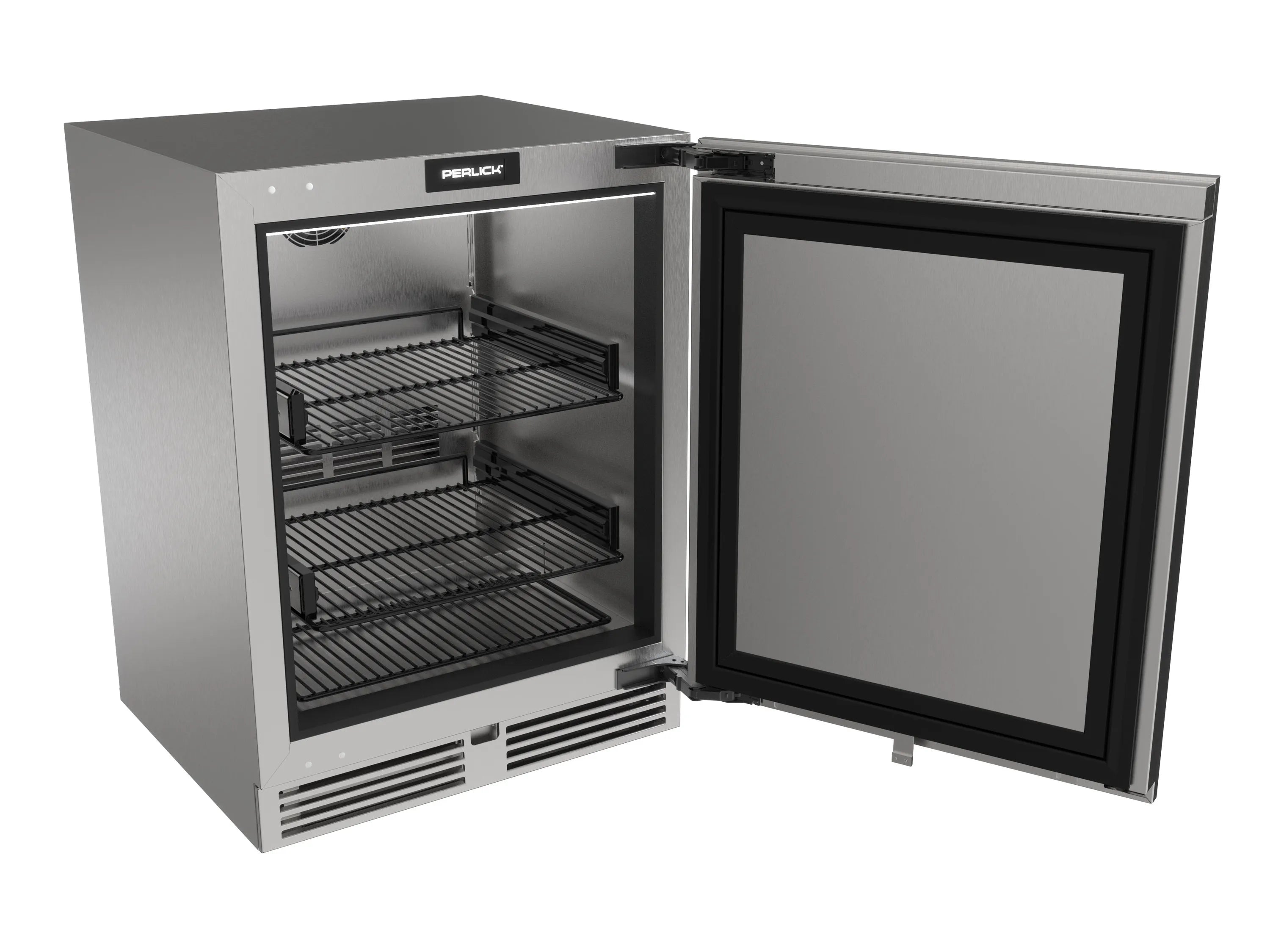 Stainless steel undercounter refrigerator with open door and wire shelves, panel-ready