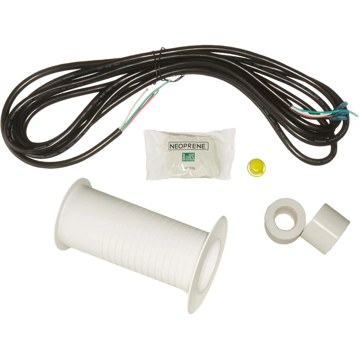 Insulated line set with black cable bundle, white roll of insulation, and neoprene sleeve