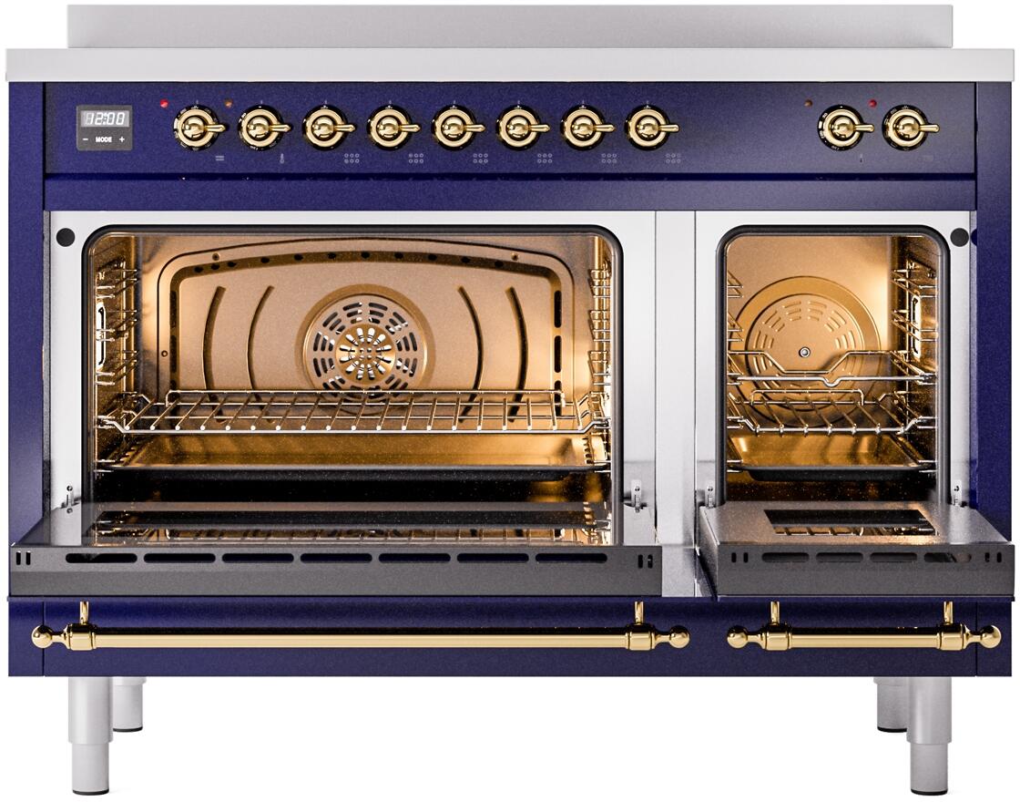 Freestanding electric induction range with open oven door, brass handles, and two interior racks
