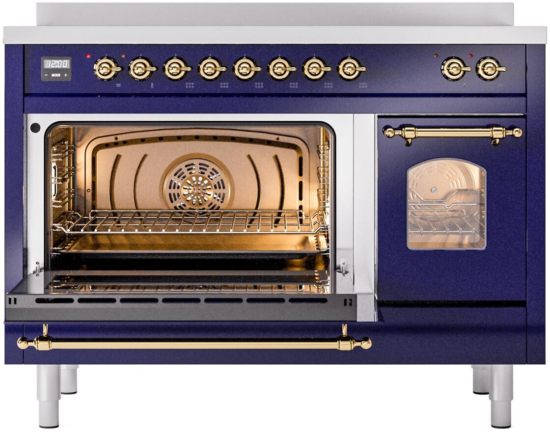 Freestanding electric induction range with oven cavity visible and brass-trimmed side door panel
