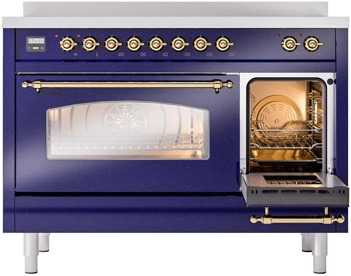 Freestanding electric induction range with oven door window and brass handle bar in midnight blue