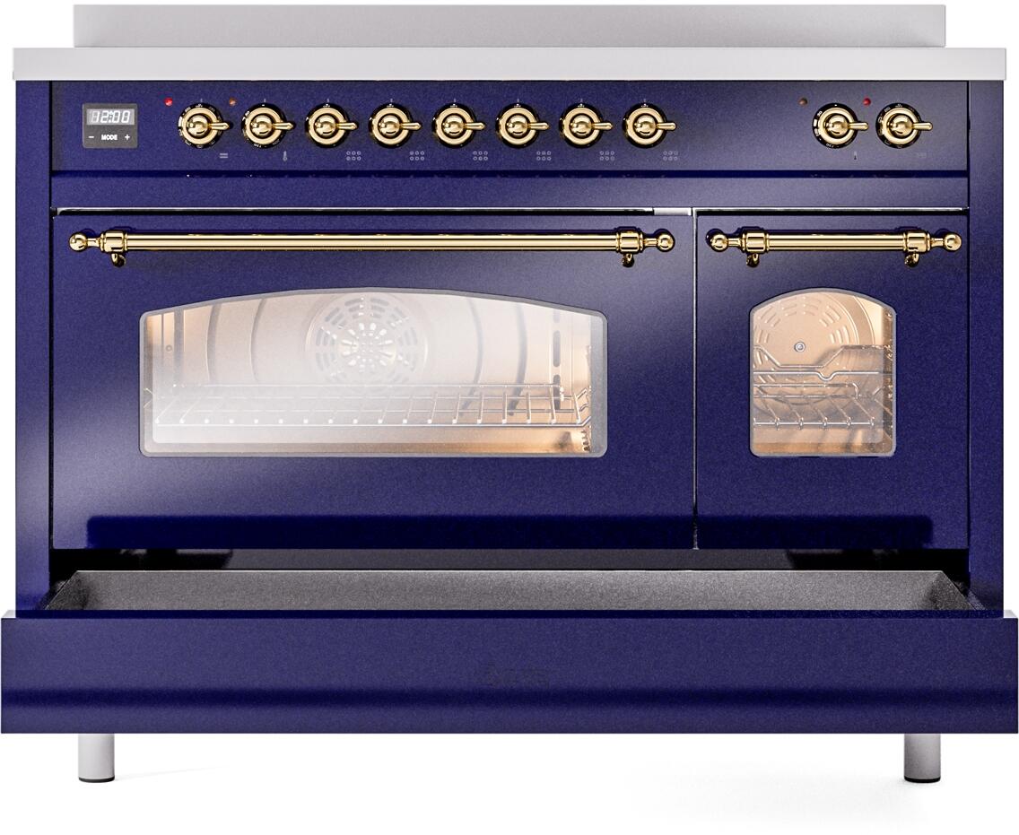 Freestanding electric induction range with warming drawer open and oven door window