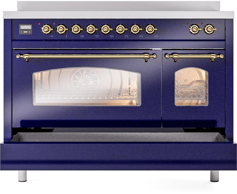 ILVE Nostalgie II 48-Inch Freestanding Electric Induction Range in Midnight Blue with Brass Trim (UPI486NMPMBG)