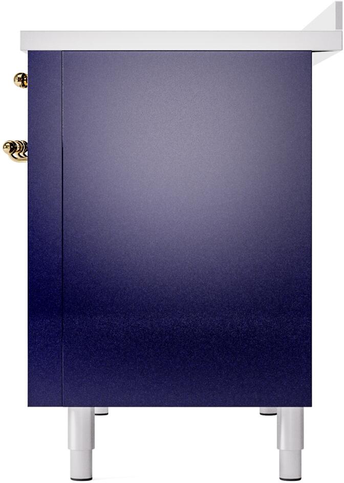 Midnight blue side of a freestanding induction range with brass handle posts and legs