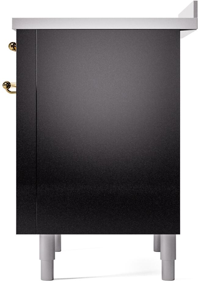 Freestanding induction range lower side panel in glossy black with leveling feet