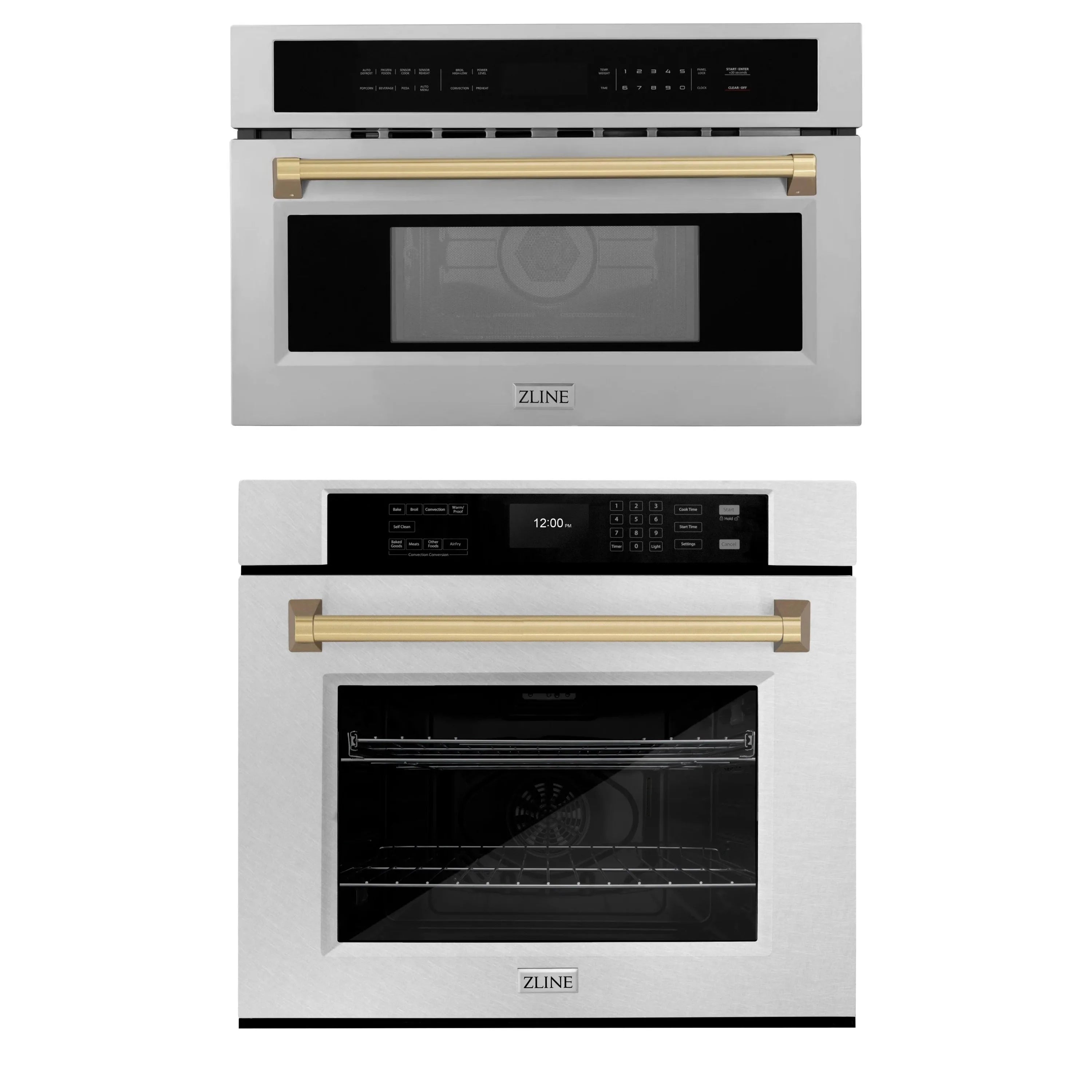 Built-in microwave and wall oven set, satin stainless steel with champagne bronze trim