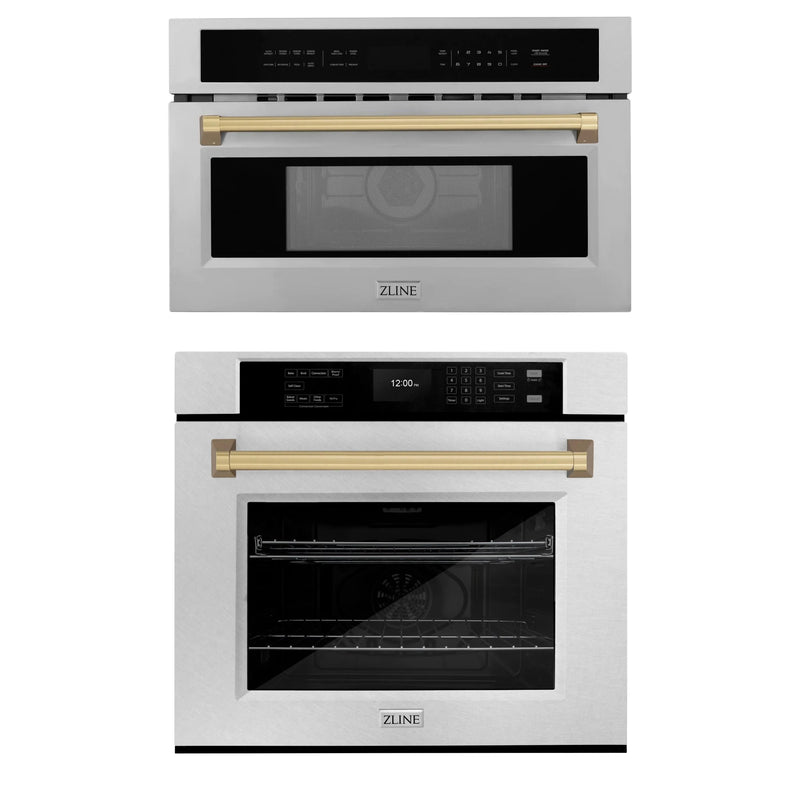 ZLINE Autograph Edition 2-Piece Appliance Package - 30-Inch Single Wall Oven with Self-Clean and 30-inch Built-In Microwave Oven in DuraSnow Stainless Steel with Champagne Bronze Trim