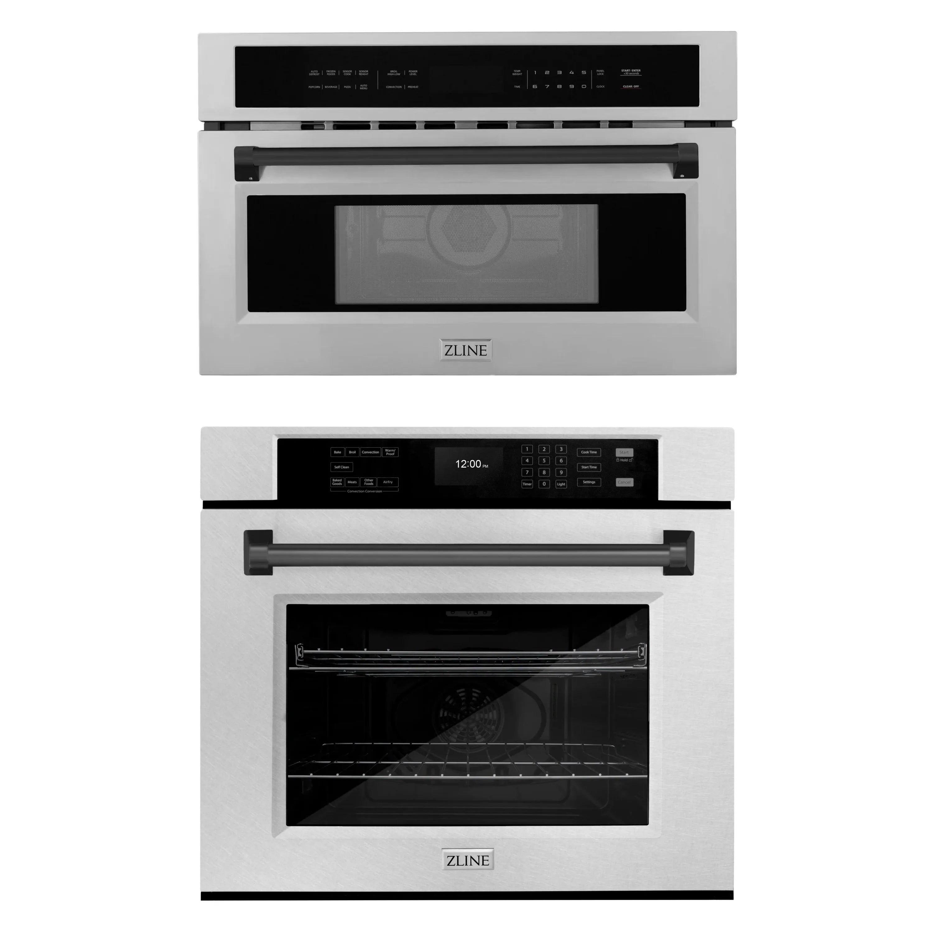 Stacked built-in microwave and wall oven with stainless trim and black controls