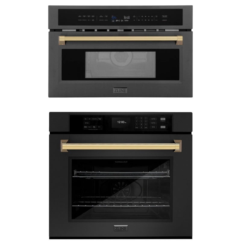 ZLINE Autograph Edition 2-Piece Appliance Package - 30-Inch Single Wall Oven with Self-Clean and 30-inch Built-In Microwave Oven in Black Stainless Steel with Champagne Bronze Trim