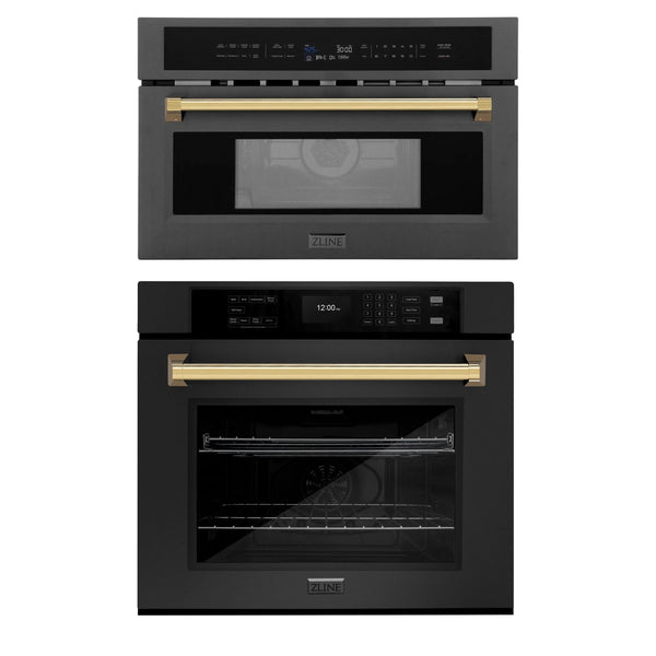 ZLINE Autograph Edition 2-Piece Appliance Package - 30-Inch Single Wall Oven with Self-Clean and 30-inch Built-In Microwave Oven in Black Stainless Steel with Gold Trim