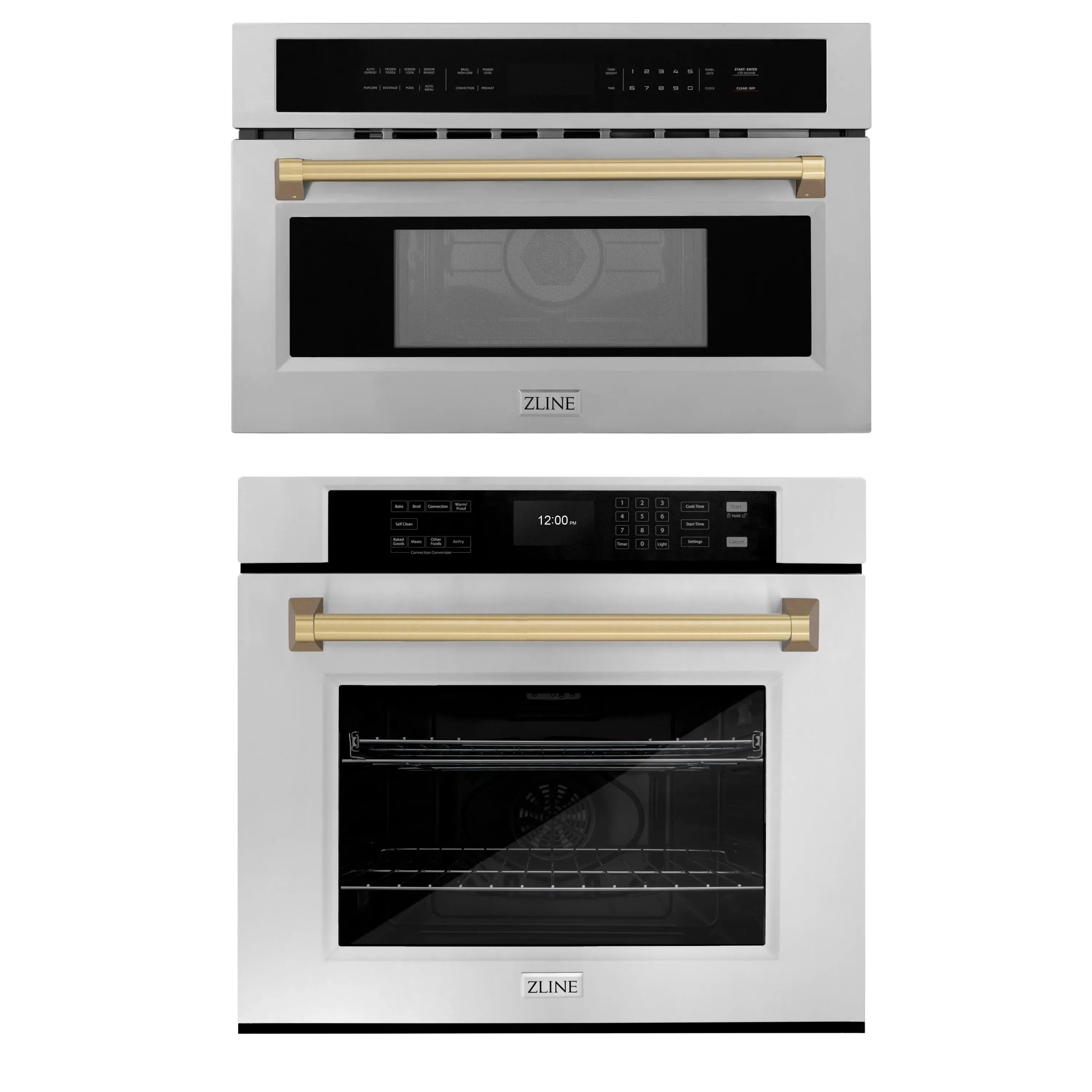 Stacked stainless steel microwave and wall oven set with champagne-bronze handles