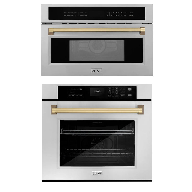 ZLINE Autograph Edition 2-Piece Appliance Package - 30-Inch Single Wall Oven with Self-Clean and 30-inch Built-In Microwave Oven in Stainless Steel with Champagne Bronze Trim