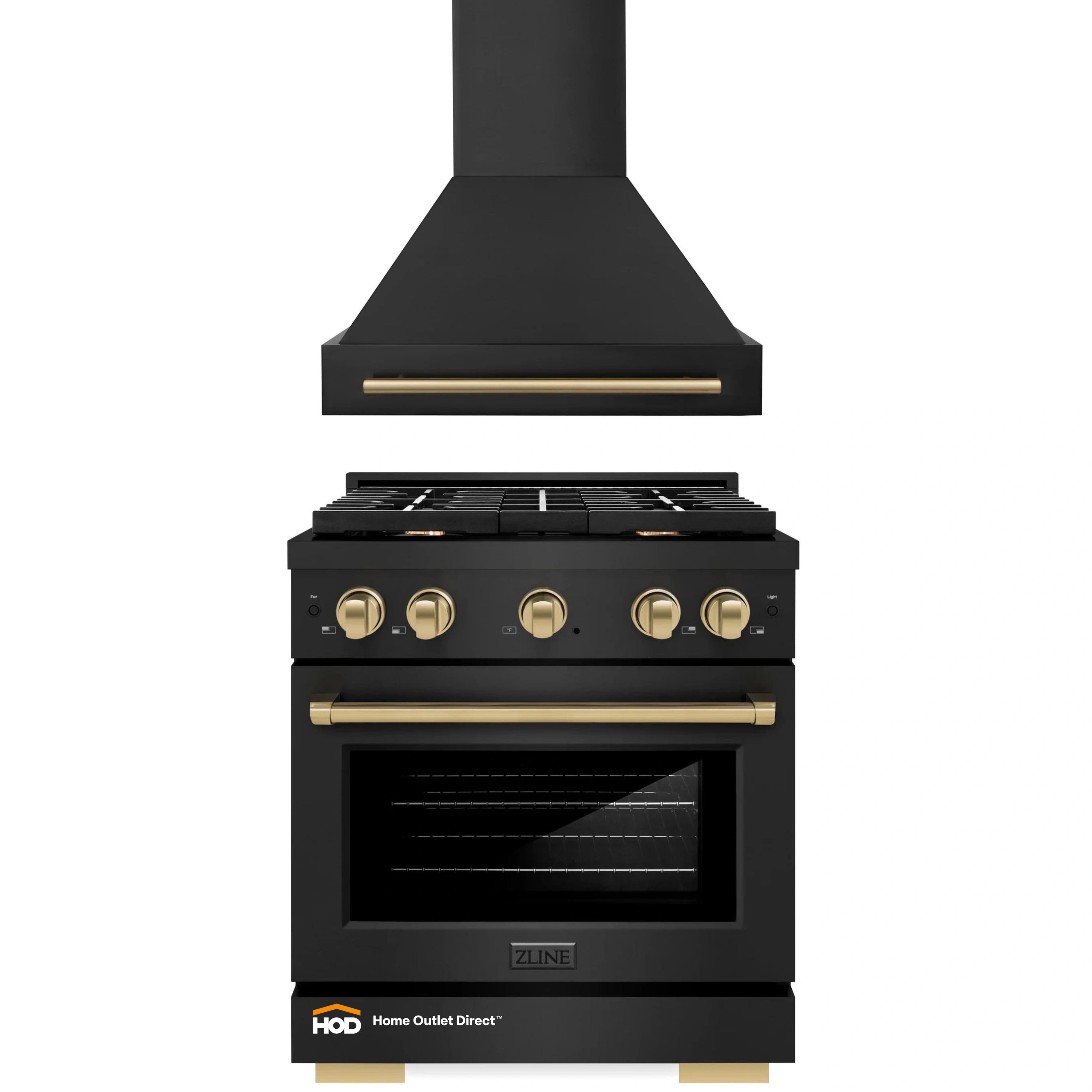 ZLINE Autograph Edition 2-Piece Appliance Package - 30-Inch Gas Range & Wall Mounted Range Hood in Black Stainless Steel with Champagne Bronze Trim (2AKP-RGBRH30-CB)