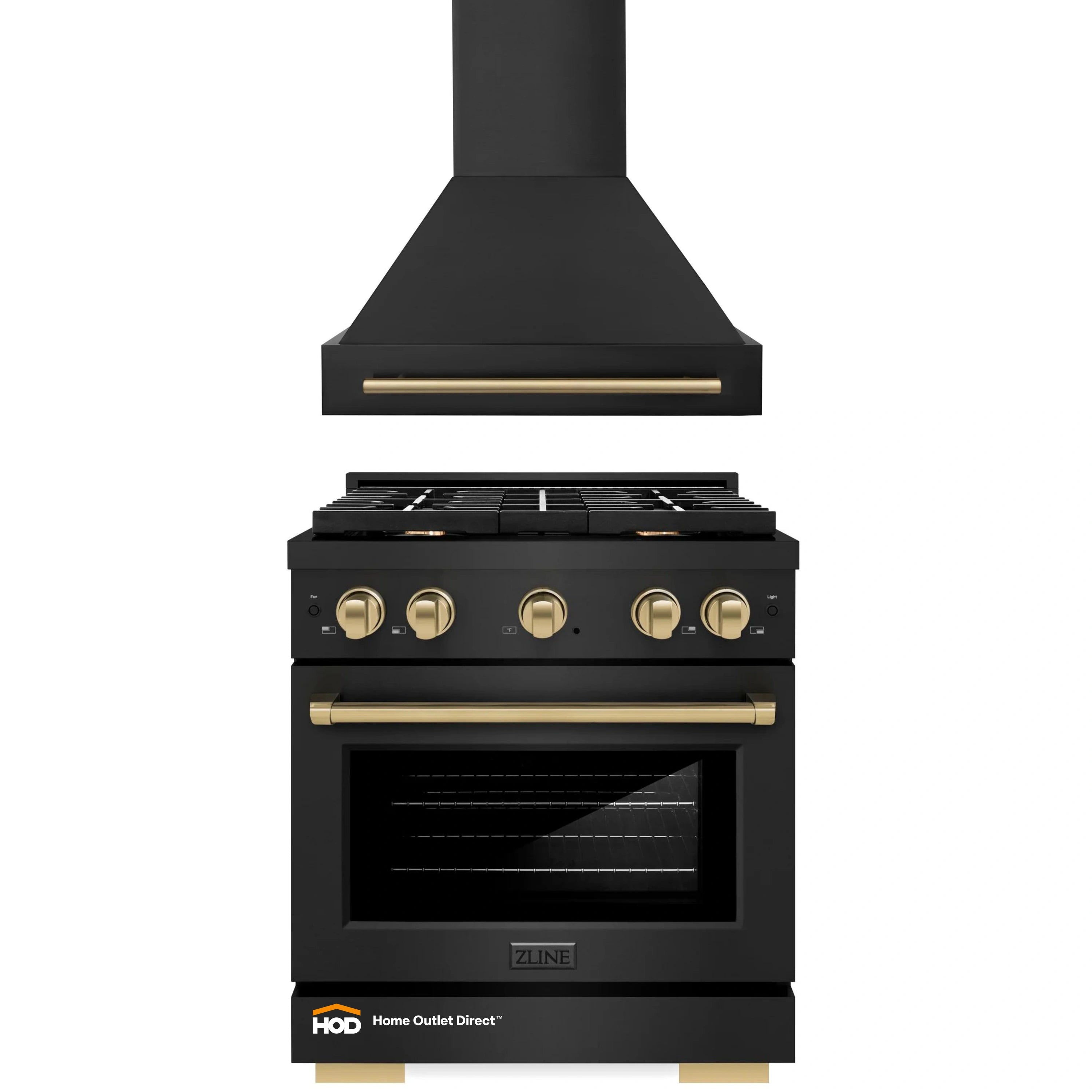 Black range hood and black gas range set with champagne bronze handles and knobs