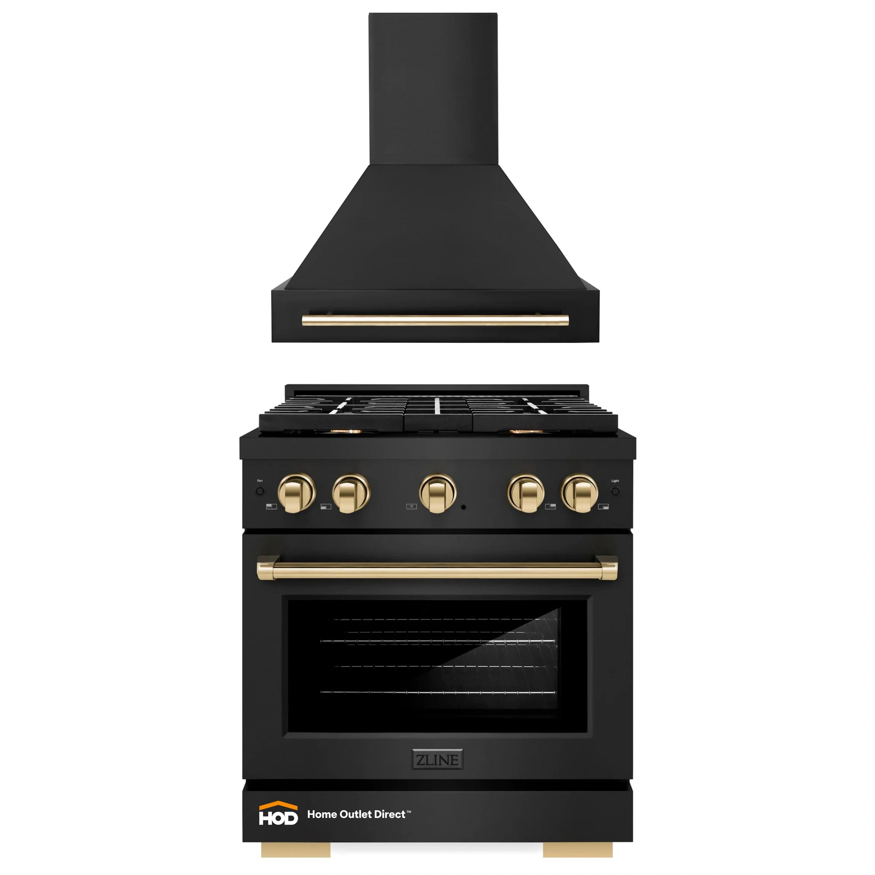Black gas range with wall-mounted range hood and gold accents, front view