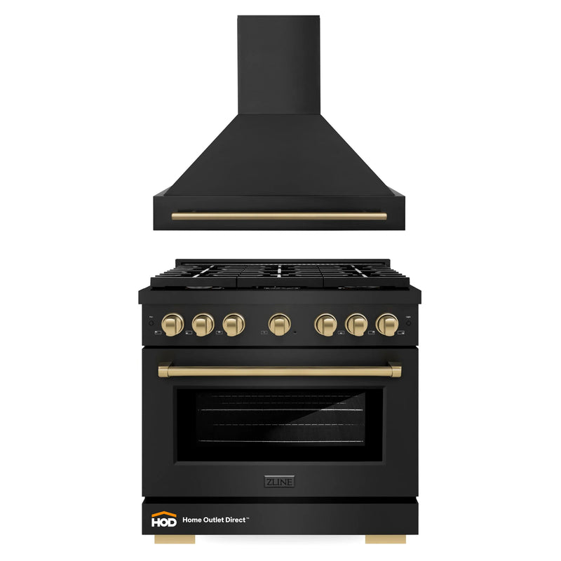 ZLINE Autograph Edition 2-Piece Appliance Package - 36-Inch Gas Range & Wall Mounted Range Hood in Black Stainless Steel with Champagne Bronze Trim (2AKP-RGBRH36-CB)