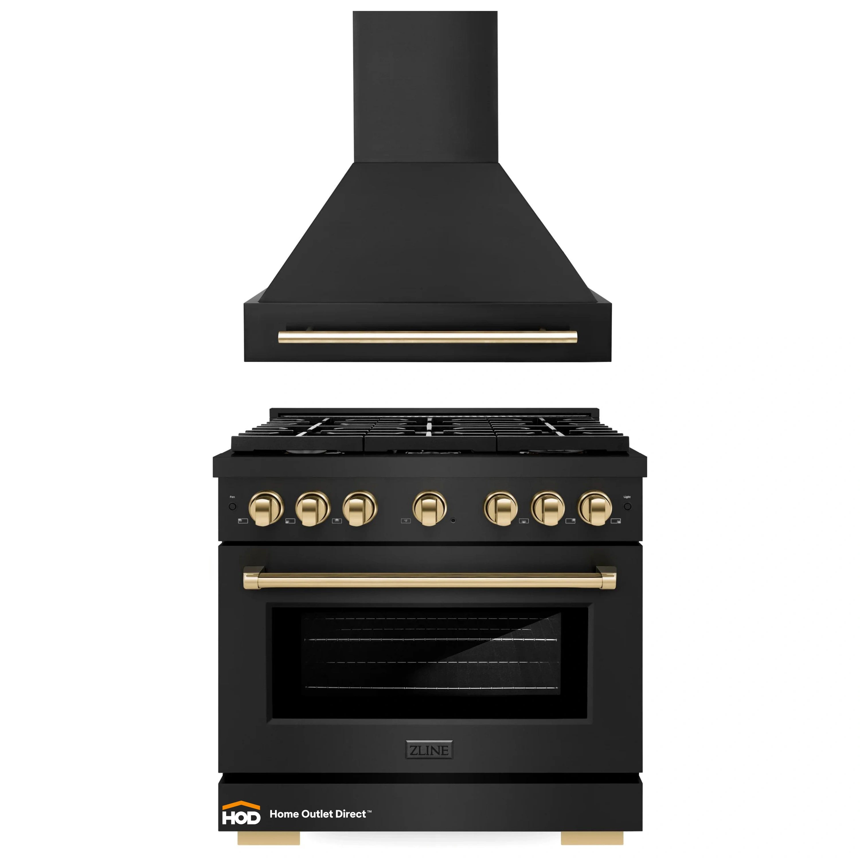 Black stainless steel gas range and wall hood with gold trim, knobs and burners visible