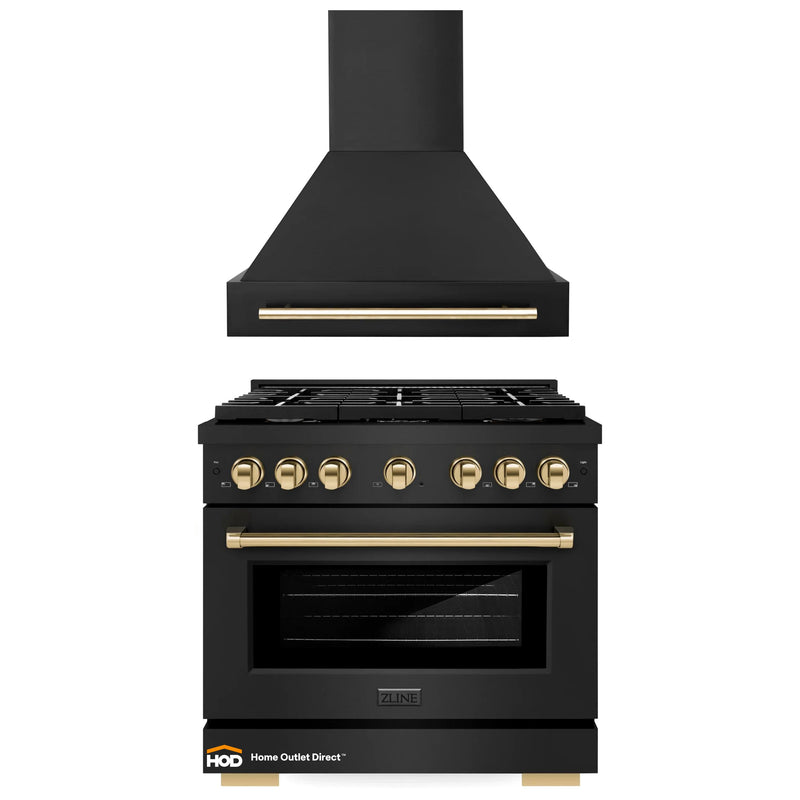 ZLINE Autograph Edition 2-Piece Appliance Package - 36-Inch Gas Range & Wall Mounted Range Hood in Black Stainless Steel with Gold Trim (2AKP-RGBRH36-G)