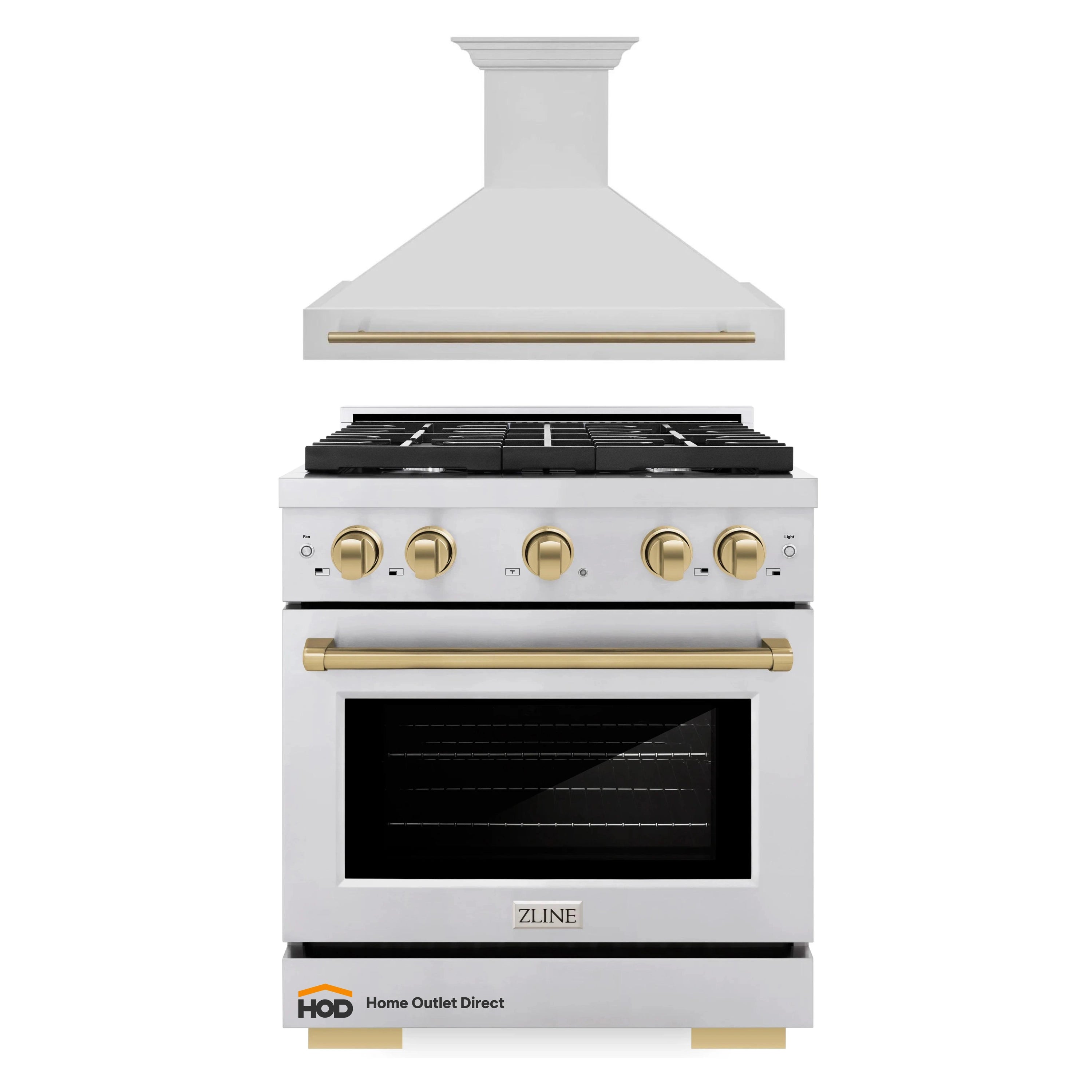Stainless gas range with champagne bronze control knobs and wall hood