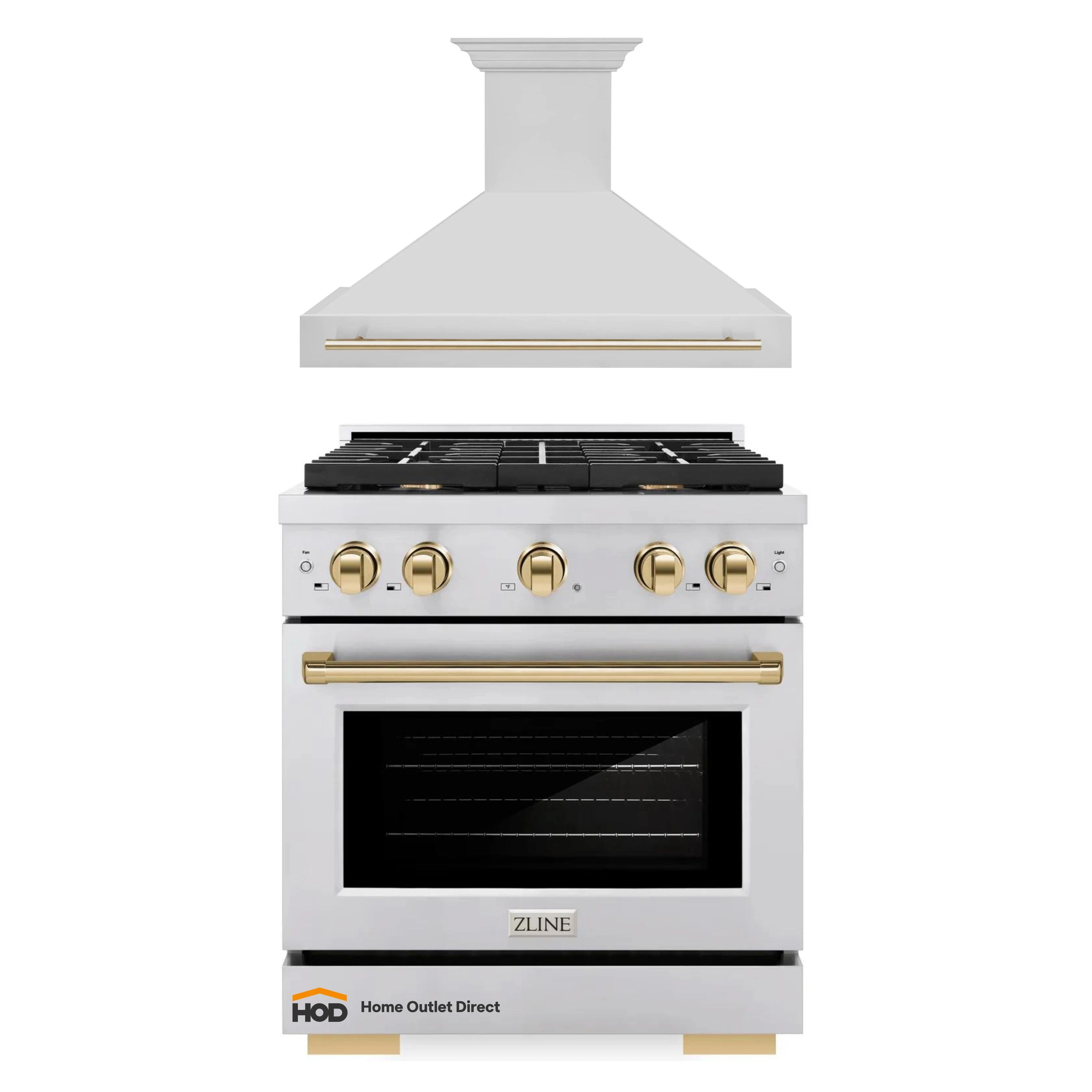 ZLINE stainless steel gas range with wall hood and gold-trim chimney