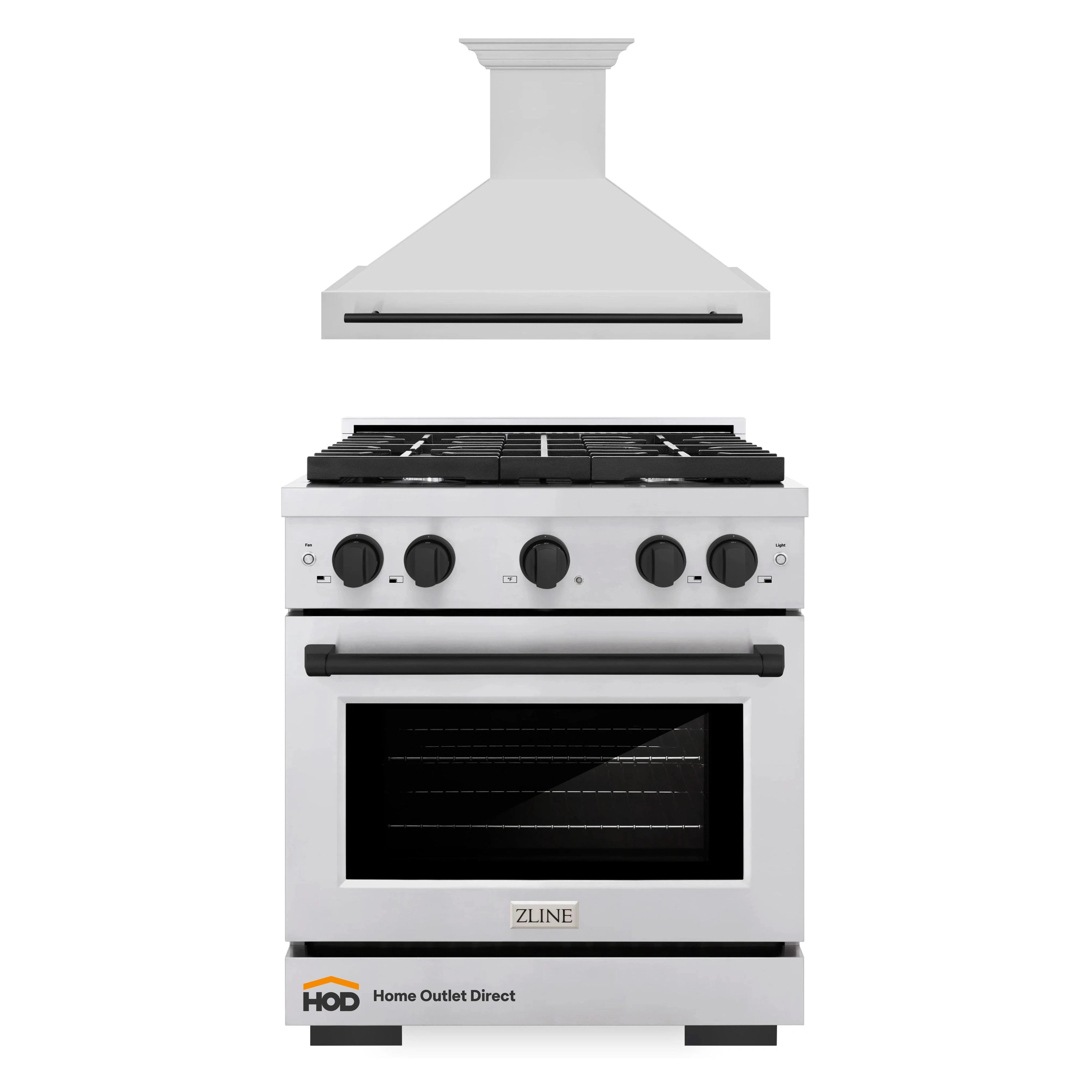 White gas range with wall-mounted stainless hood and front control knobs