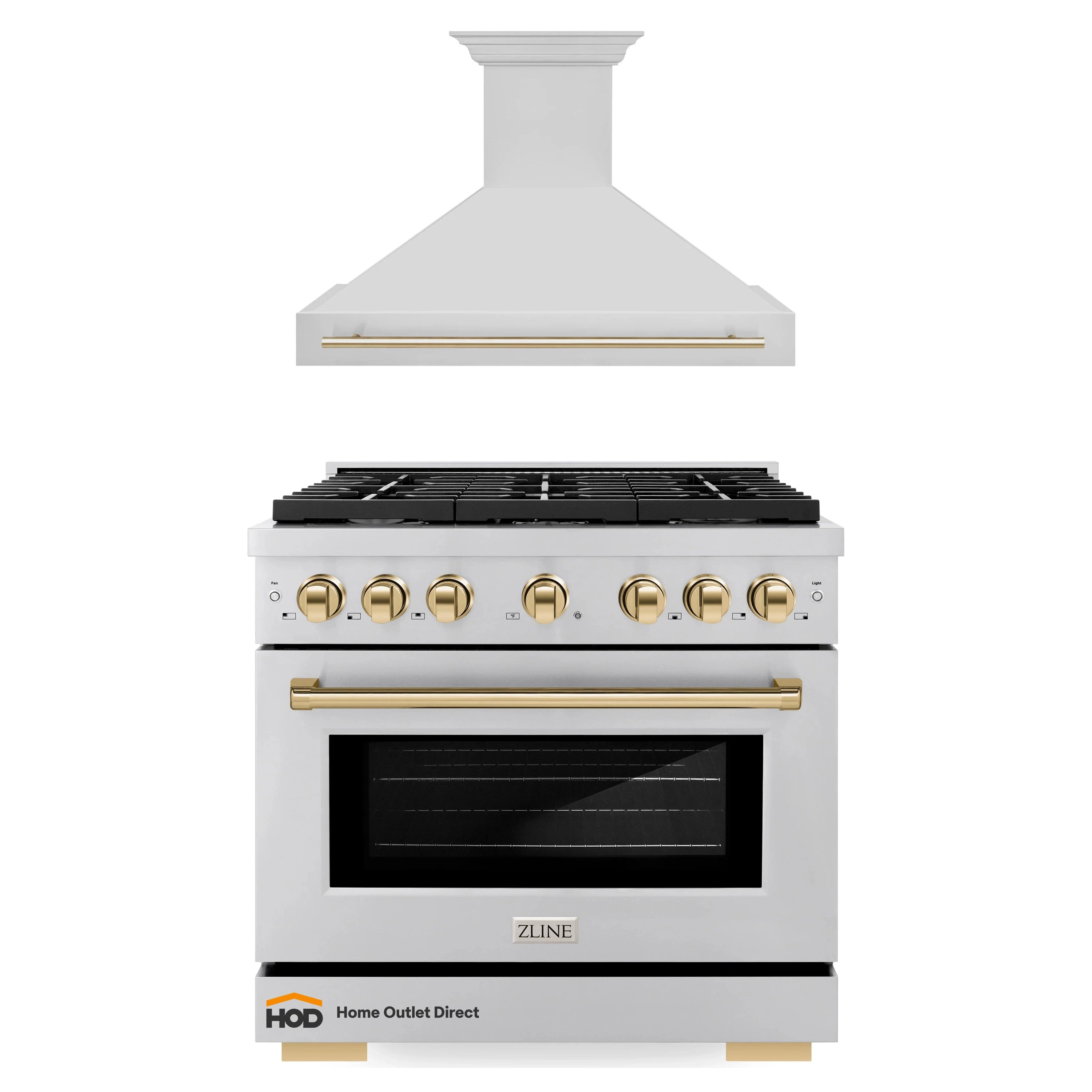 Stainless steel gas range and wall range hood set with gold trim