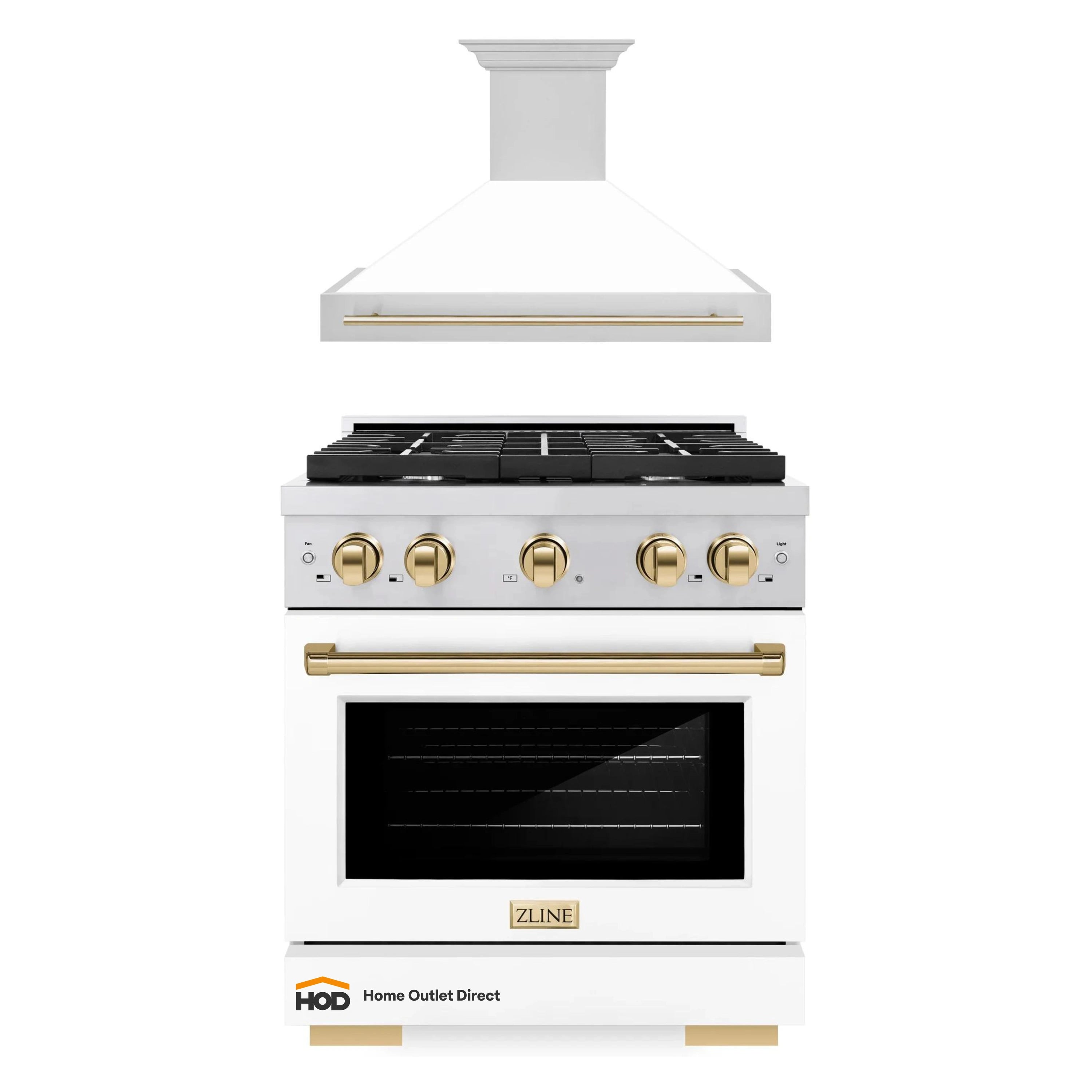Stainless wall hood and white gas range with gold trim, knobs, and oven door