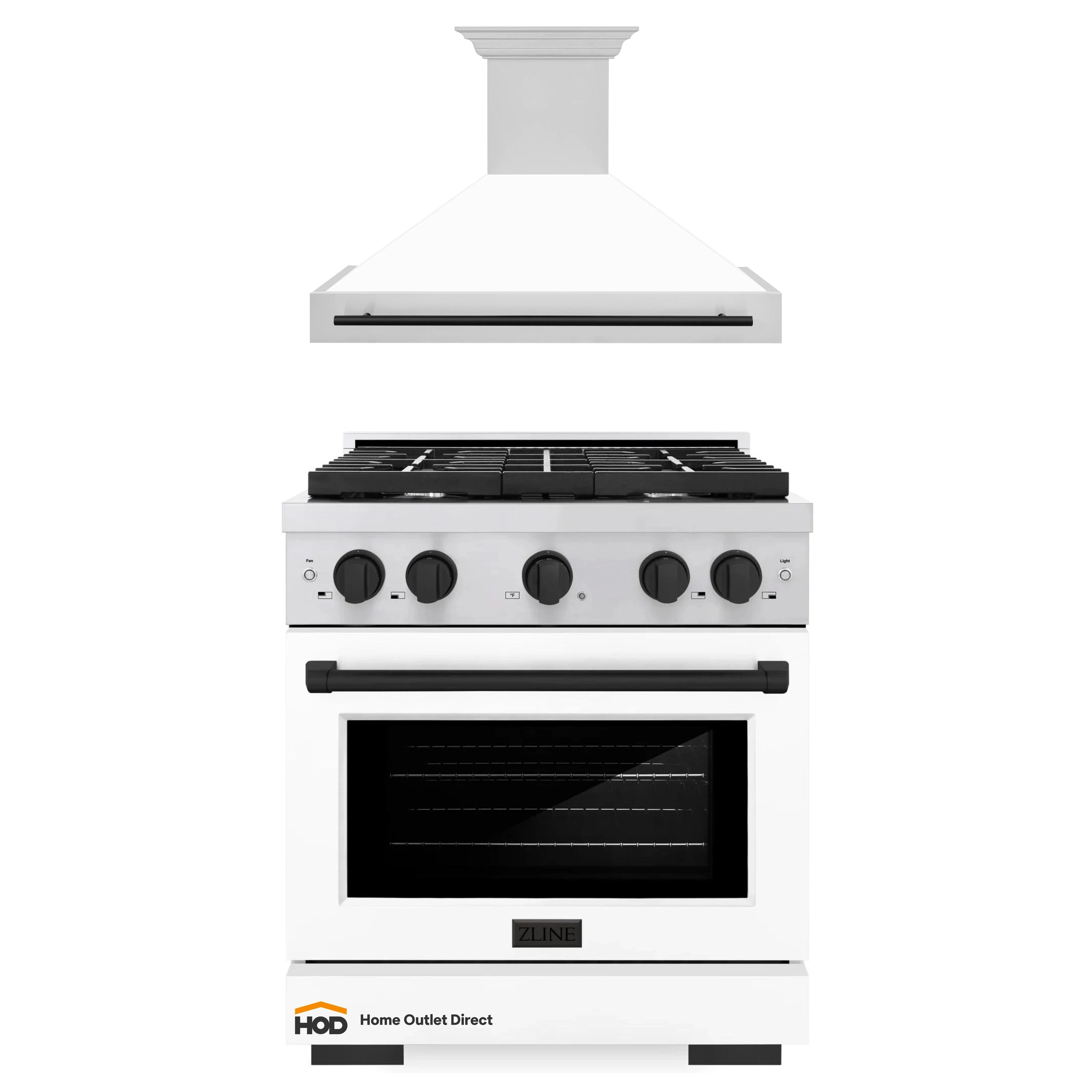 White wall hood above white gas range with black grates and black oven door