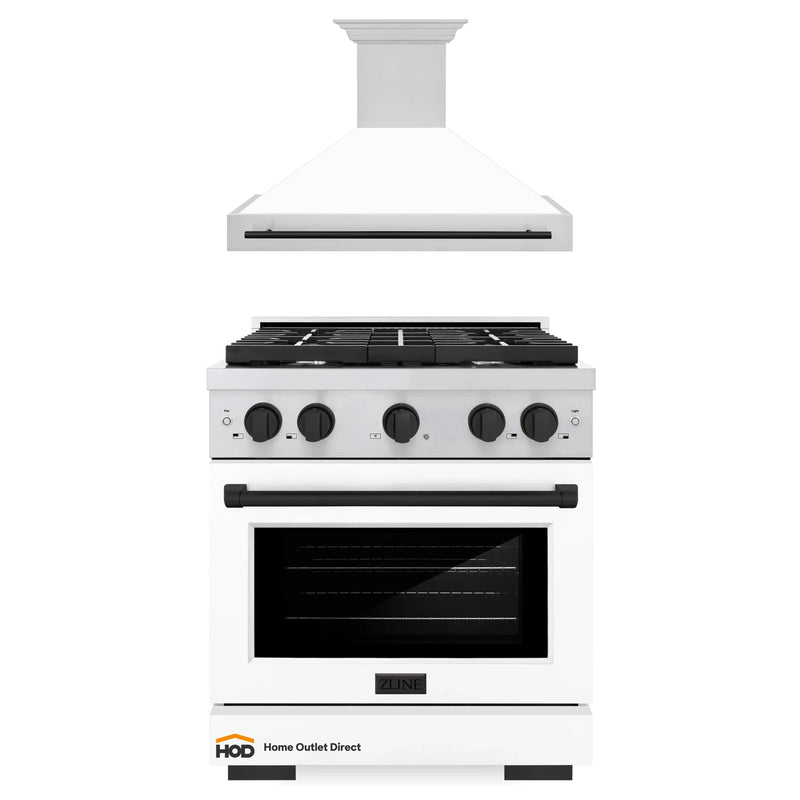 ZLINE Autograph Edition 2-Piece Appliance Package - 30-Inch Gas Range and Wall Mounted Range Hood in Stainless Steel and White Door with Matte Black Trim (2AKP-RGWMRH30-MB)