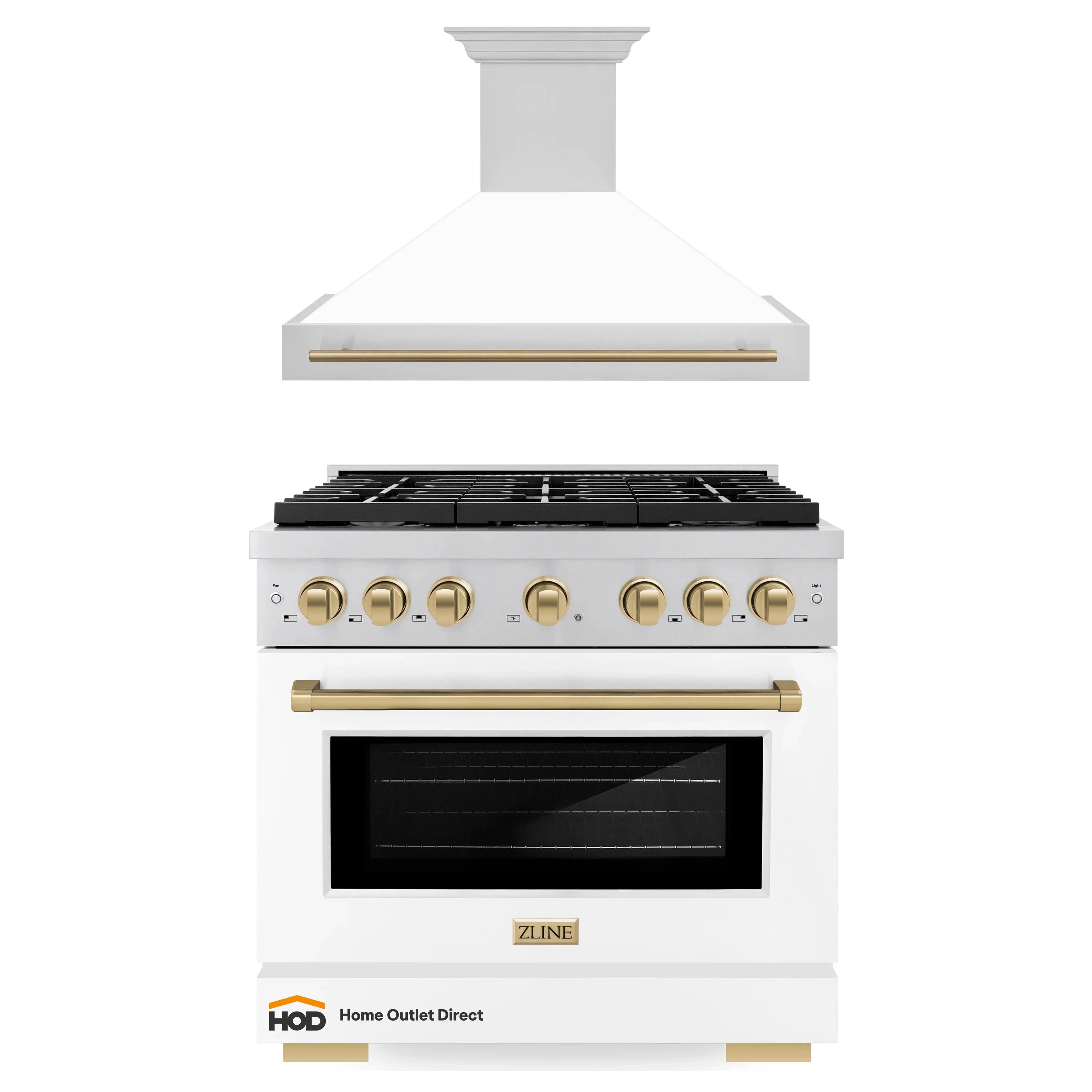 White 36-inch gas range with brass control knobs and wall-mounted hood