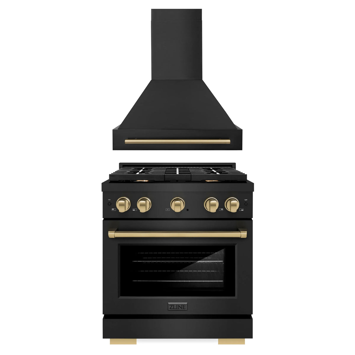 ZLINE Autograph Edition 2-Piece Appliance Package - 30-Inch Gas Range & Wall Mounted Range Hood in Black Stainless Steel with Champagne Bronze Trim (2AKP-SGRBRH30-CB)