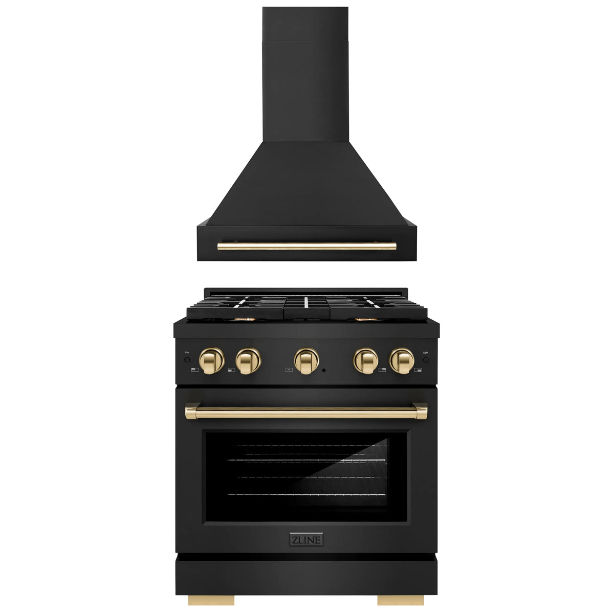 ZLINE Autograph Edition 2-Piece Appliance Package - 30-Inch Gas Range & Wall Mounted Range Hood in Black Stainless Steel with Gold Trim (2AKP-SGRBRH30-G)