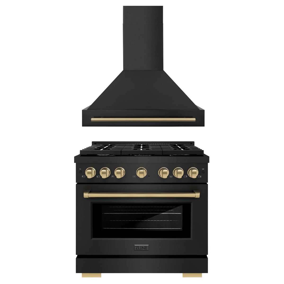 ZLINE Autograph Edition 2-Piece Appliance Package - 36-Inch Gas Range & Wall Mounted Range Hood in Black Stainless Steel with Champagne Bronze Trim (2AKP-SGRBRH36-CB)