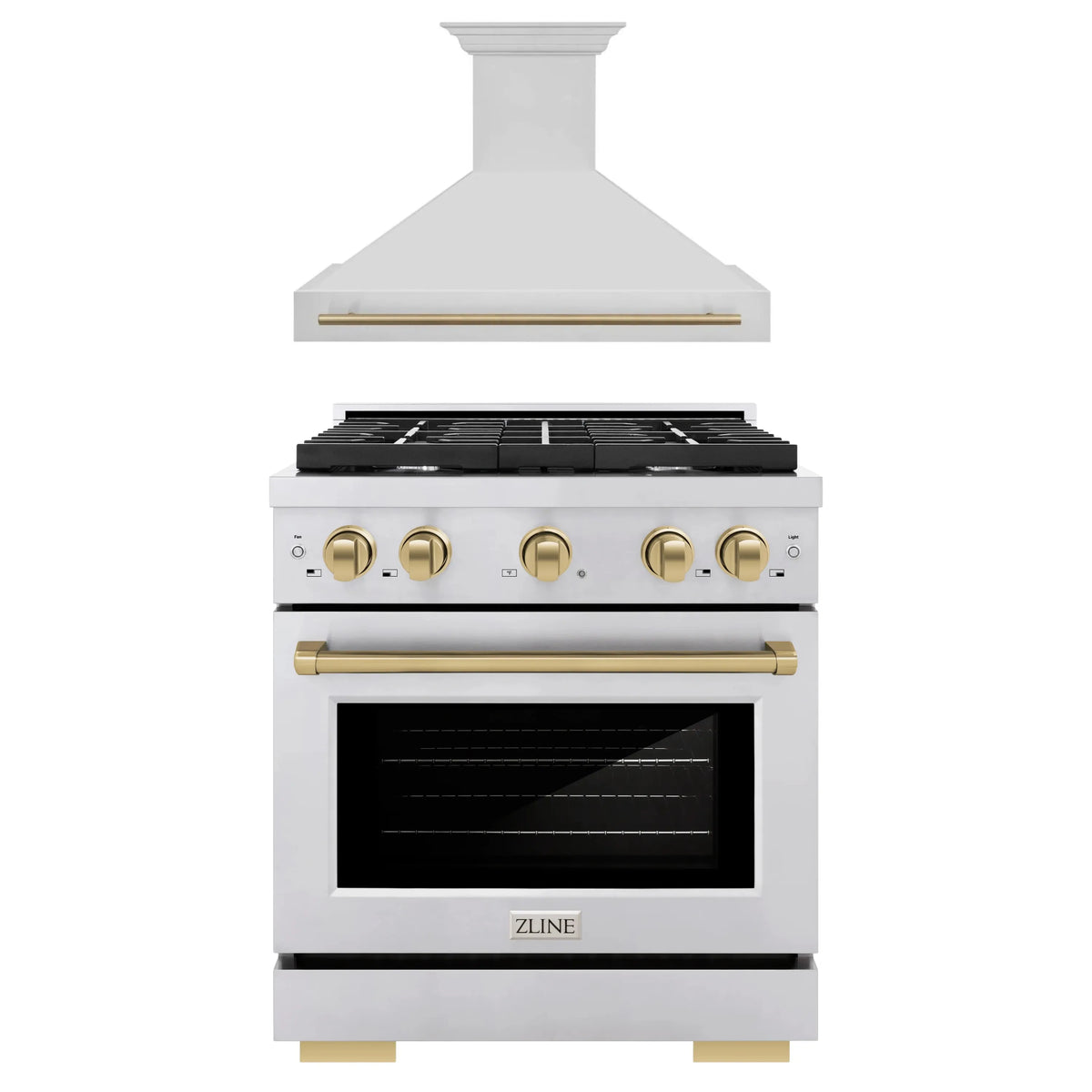 ZLINE Autograph Edition 2-Piece Appliance Package - 30-Inch Gas Range & Wall Mounted Range Hood in Stainless Steel with Champagne Bronze Trim (2AKP-SGRRH30-CB)