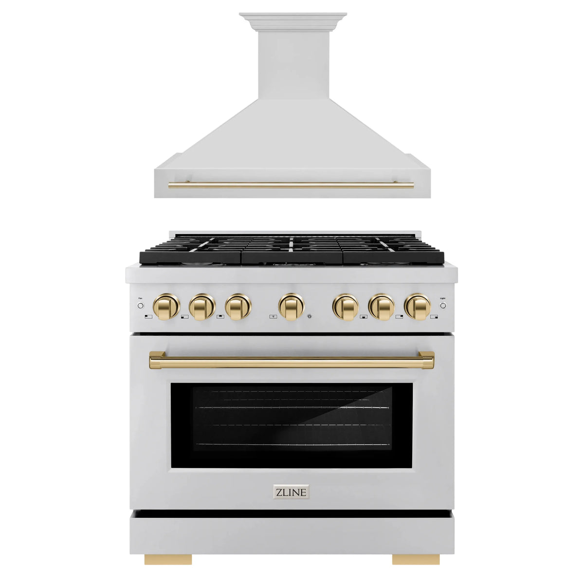 ZLINE Autograph Edition 2-Piece Appliance Package - 36-Inch Gas Range & Wall Mounted Range Hood in Stainless Steel with Gold Trim (2AKP-SGRRH36-G)