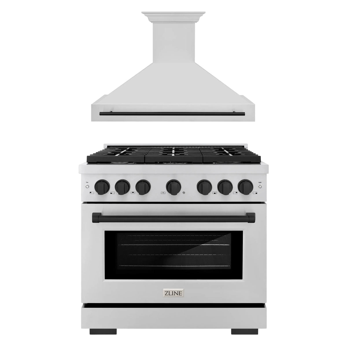 ZLINE Autograph Edition 2-Piece Appliance Package - 36-Inch Gas Range & Wall Mounted Range Hood in Stainless Steel with Matte Black Trim (2AKP-SGRRH36-MB)