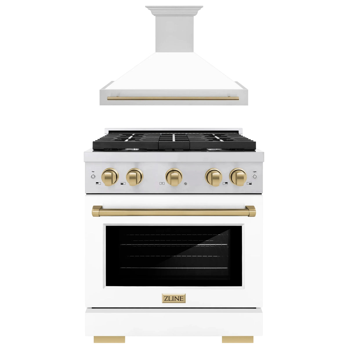 ZLINE Autograph Edition 2-Piece Appliance Package - 30-Inch Gas Range and Wall Mounted Range Hood in Stainless Steel and White Door with Champagne Bronze Trim (2AKP-SGRWMRH30-CB)