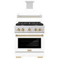 ZLINE Autograph Edition 2-Piece Appliance Package - 30-Inch Gas Range & Wall Mounted Range Hood in Stainless Steel and White Door with Gold Trim (2AKP-SGRWMRH30-G)
