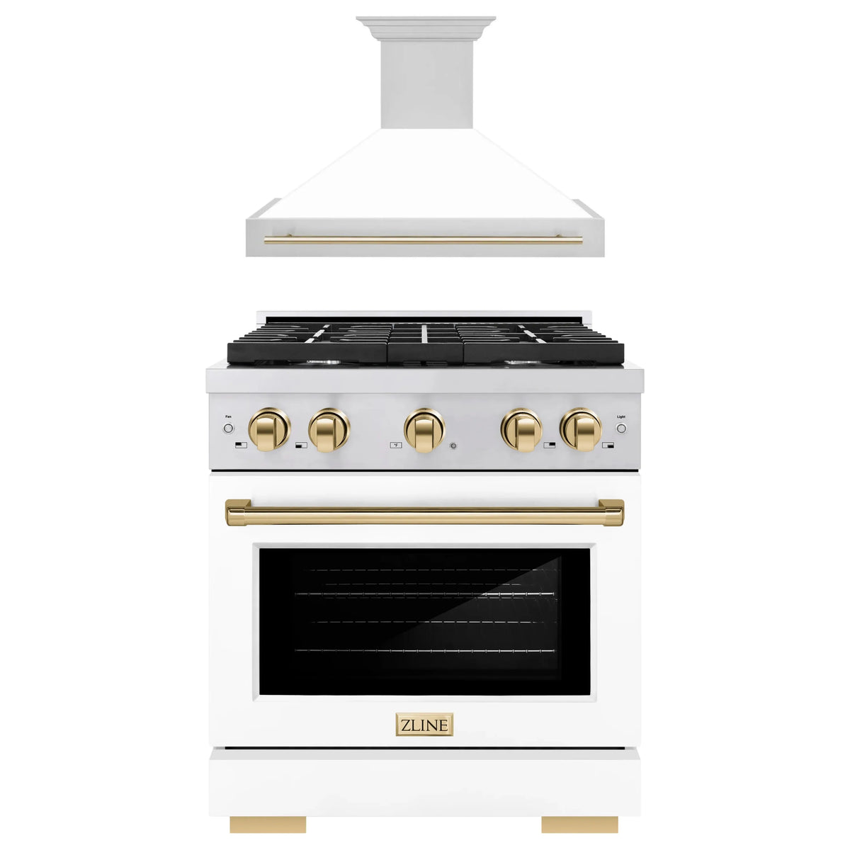 ZLINE Autograph Edition 2-Piece Appliance Package - 30-Inch Gas Range & Wall Mounted Range Hood in Stainless Steel and White Door with Gold Trim (2AKP-SGRWMRH30-G)