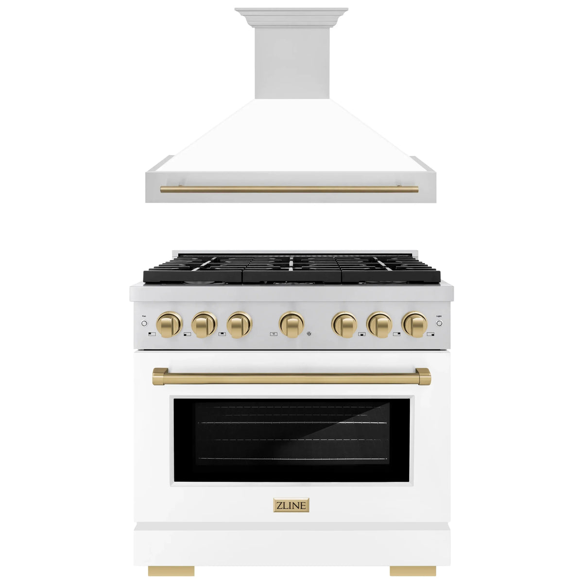 ZLINE Autograph Edition 2-Piece Appliance Package - 36-Inch Gas Range & Wall Mounted Range Hood in Stainless Steel and White Door with Champagne Bronze Trim (2AKP-SGRWMRH36-CB)