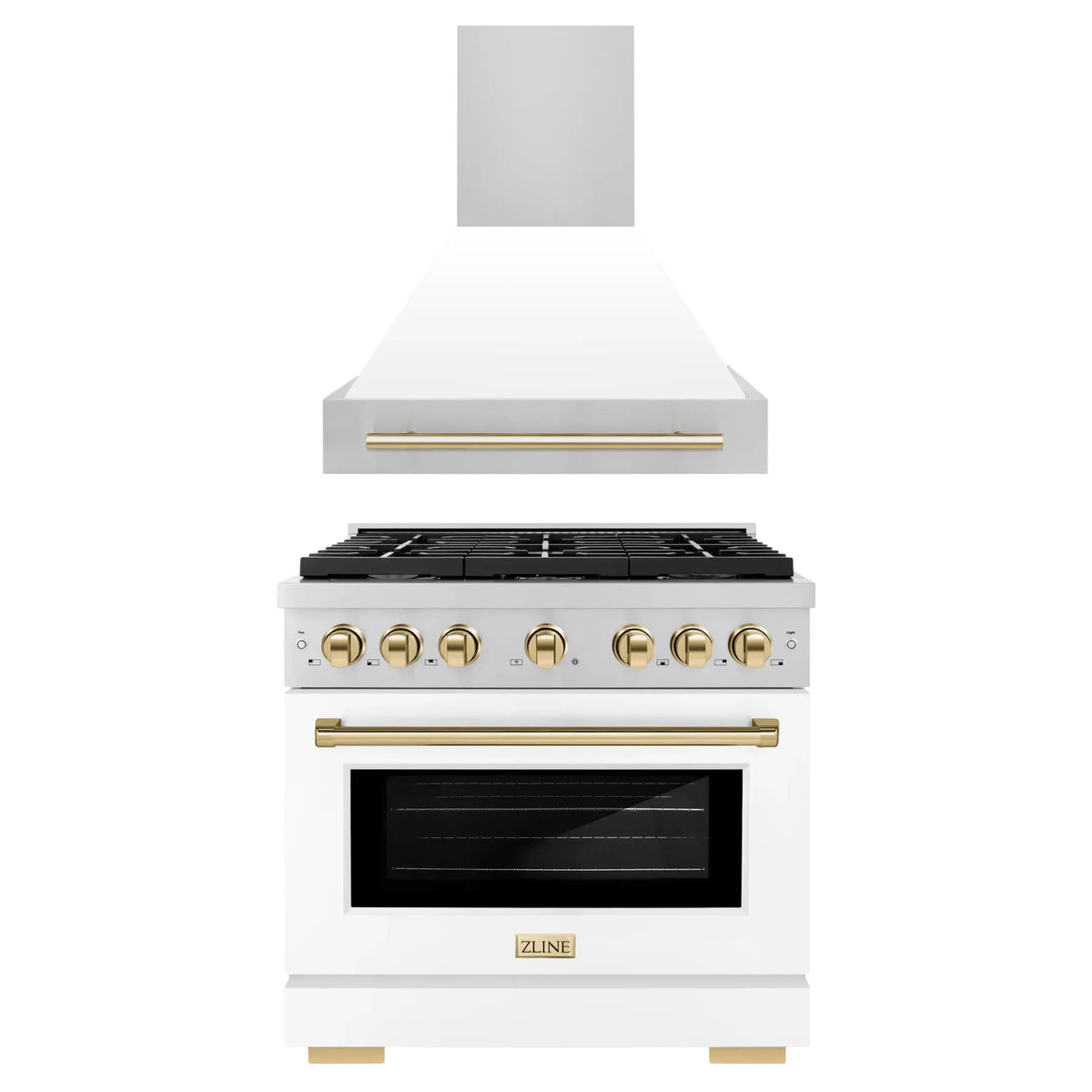 ZLINE Autograph Edition 2-Piece Appliance Package - 36-Inch Gas Range & Wall Mounted Range Hood in Stainless Steel and White Door with Gold Trim (2AKP-SGRWMRH36-G)