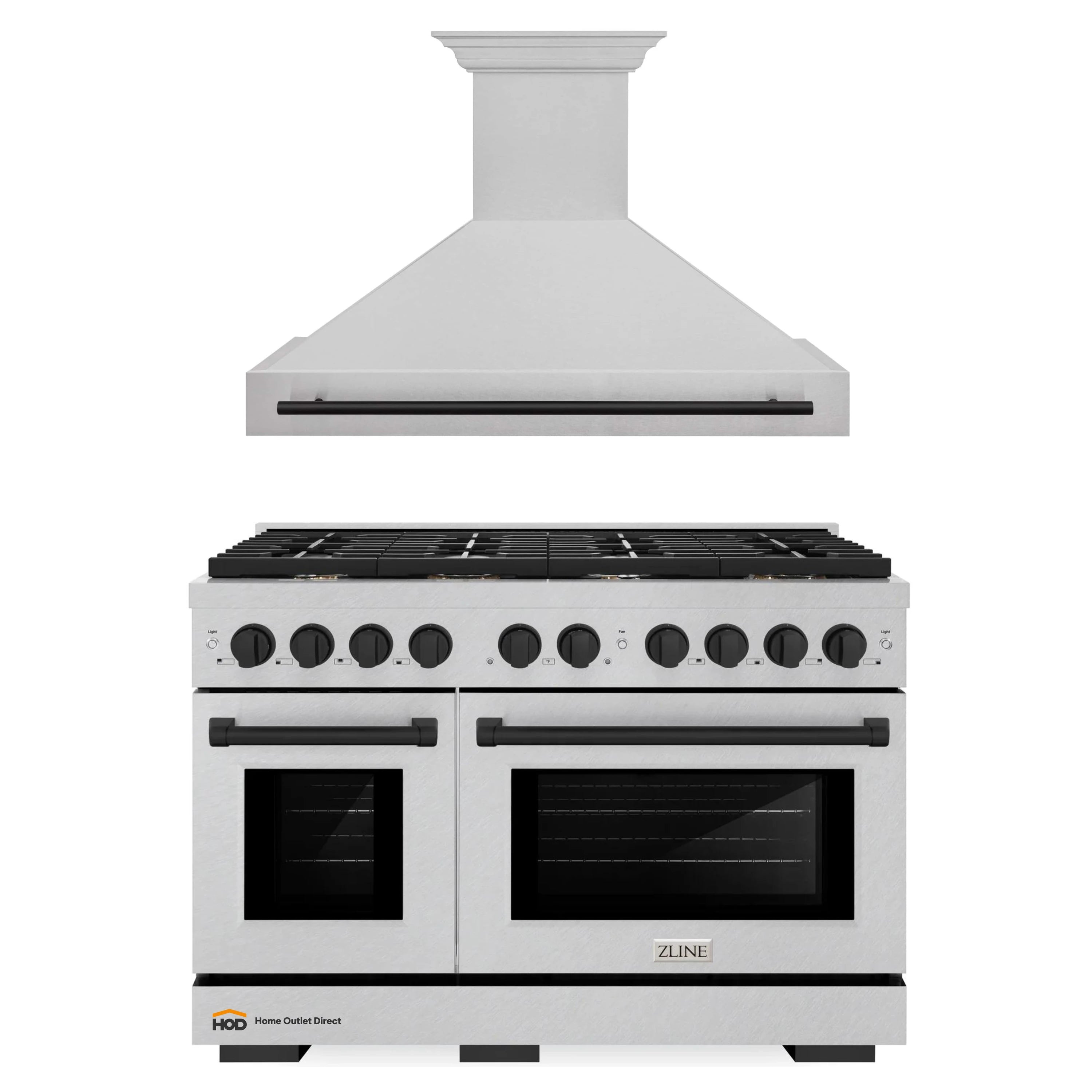 Stainless steel gas range and wall hood set with matte black trim, black cooktop grates