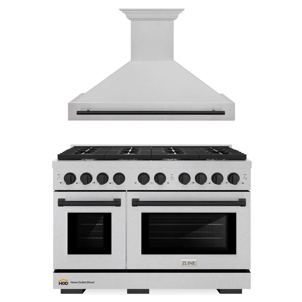 ZLINE Autograph Edition 2-Piece Appliance Package - 48-Inch Gas Range & Wall Mounted Range Hood in DuraSnow® Stainless Steel with Matte Black Trim (2AKPR-RGSRH48-MB)