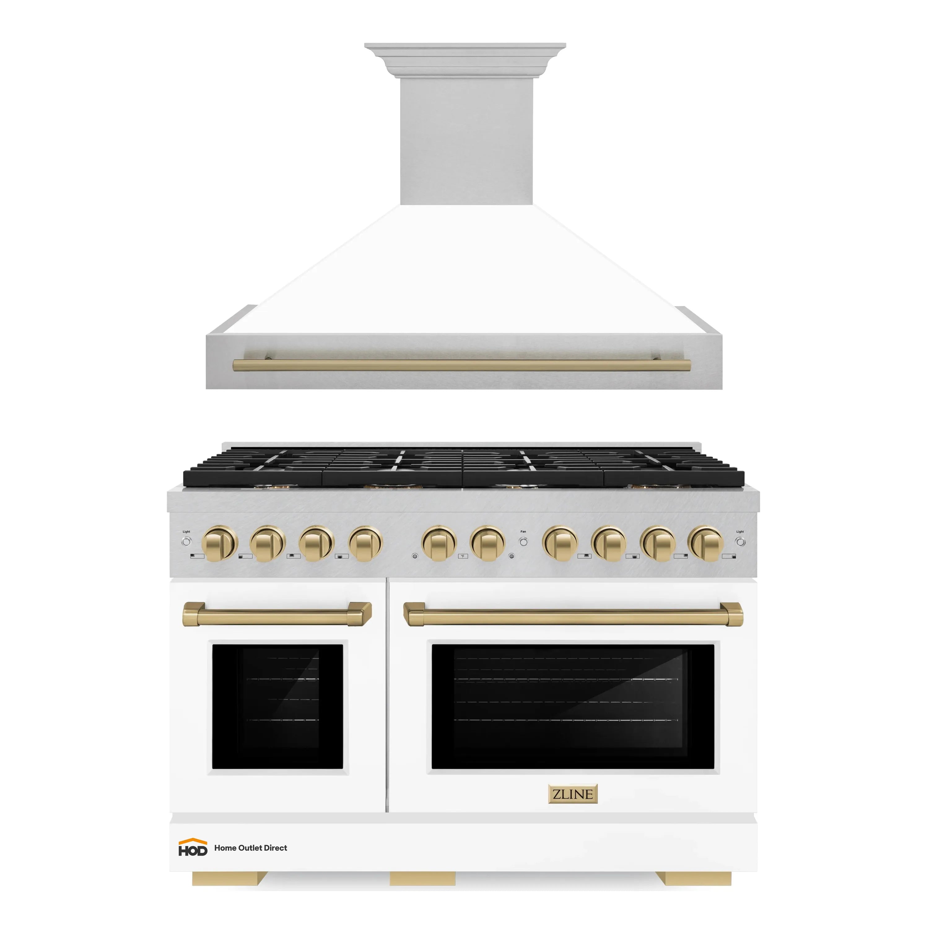 White gas range with stainless hood, gold knobs and trim, and two oven doors