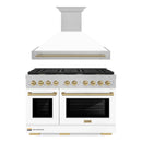 ZLINE Autograph Edition 2-Piece Appliance Package - 48-Inch Gas Range & Wall Mounted Range Hood in Satin Stainless Steel with White Matte Door and Champagne Bronze Trim (2AKPR-SGRSWMRH48-CB)
