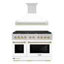 ZLINE Autograph Edition 2-Piece Appliance Package - 48-Inch Gas Range & Wall Mounted Range Hood in Satin Stainless Steel with White Matte Door and Gold Trim (2AKPR-SGRSWMRH48-G)